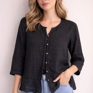 EUC J. Jill Love Linen 100% Linen Button Up Black Crochet cottagecore Cardigan